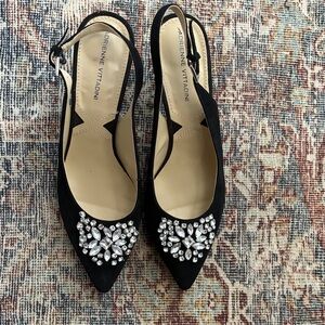 Adrienne Vittadini Black Slingback Heels with Crystal Accents